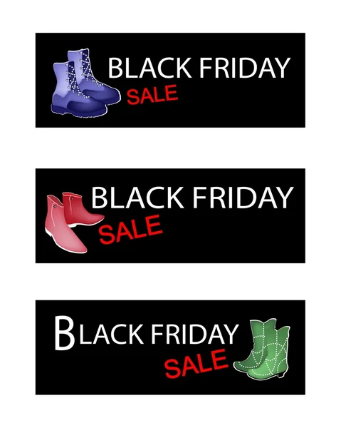 Chaussures à la mode sur trois bannières de vente Black Friday — Image vectorielle