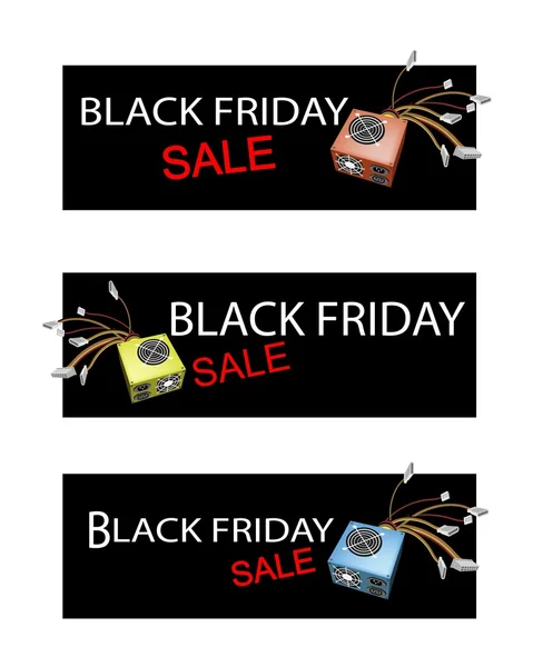 Power Supply Box on Three Black Friday Sale Banners — Stock Vector