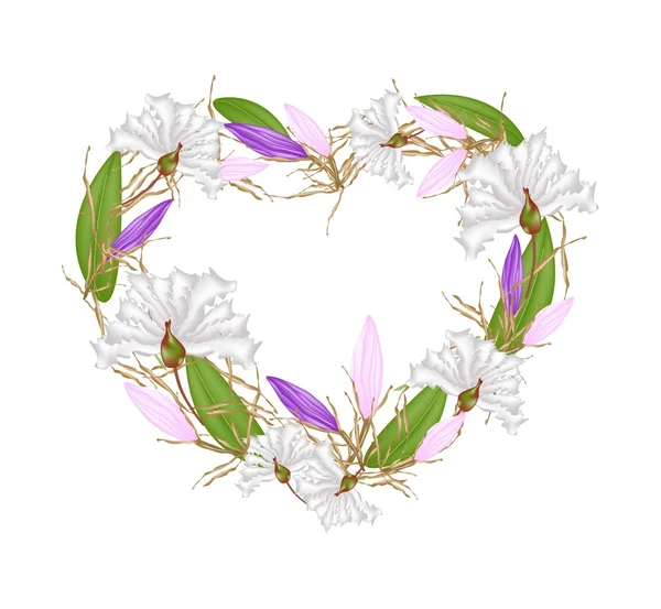 Μυρτιάς κρεπ και Equiphyllum λουλούδια σε σχήμα καρδιάς — Διανυσματικό Αρχείο
