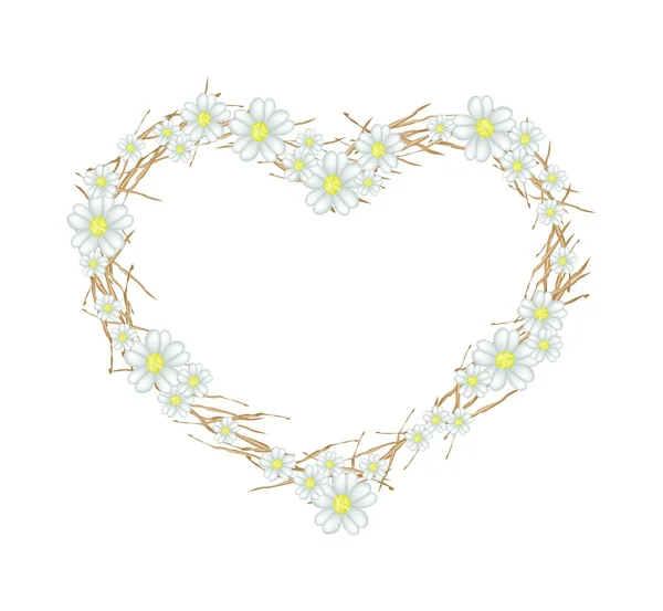 White Yarrow Flowers in Heart Shape Frame — Stockvector