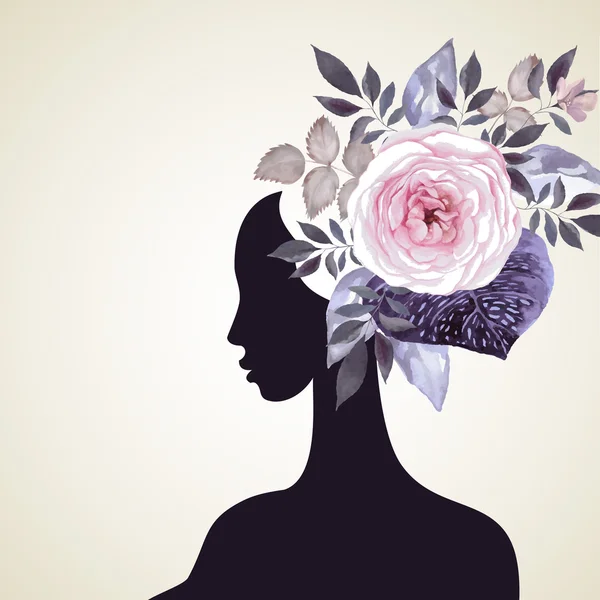 Silueta de mujer con flores — Vector de stock