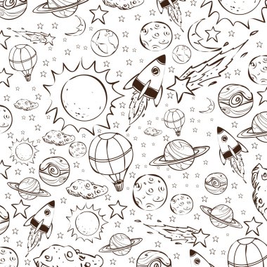 Uzay Tema Doodle, beyaz üzerine siyah