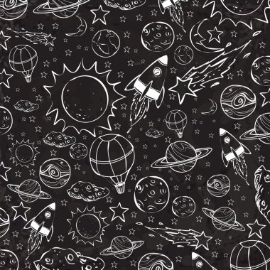 Uzay Tema Doodle, siyah üzerine beyaz