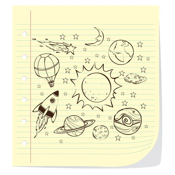 Uzay Tema Doodle, çizgili not kağıdı — Stok Vektör