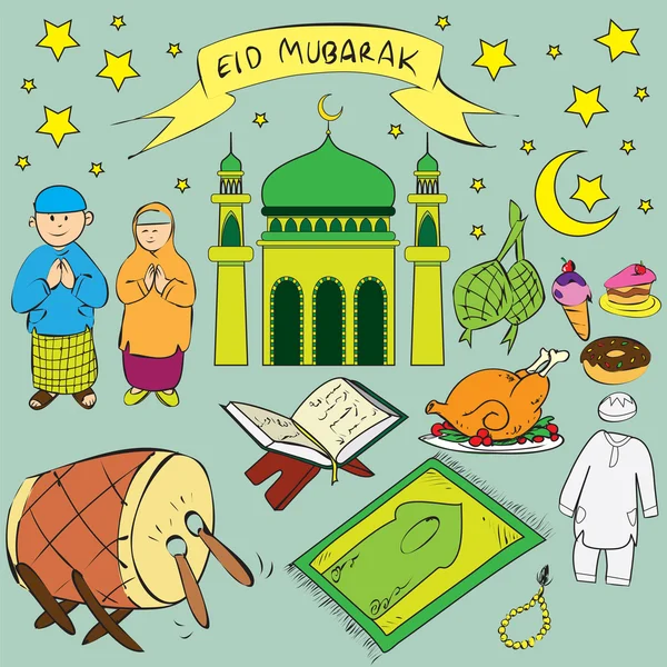 Eid Mubarak Doodle - Stok Vektor