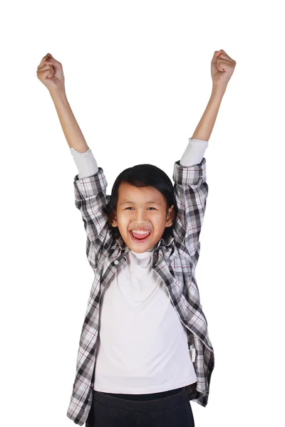 Glücklich asiatische kleines Mädchen zeigt Siegergeste — Stockfoto