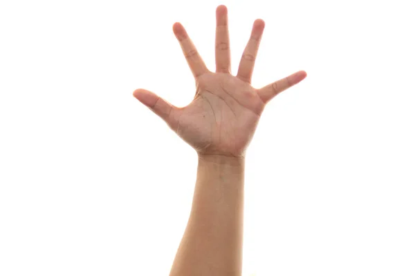Handgebaar Met Nummer Vijf Met Vingers Golvende Hand Geïsoleerd Wit — Stockfoto