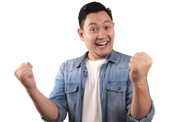 Successful Young Asian Man Shows Winning Gesture Celebrating Victory Hands — Stock Photo, Image