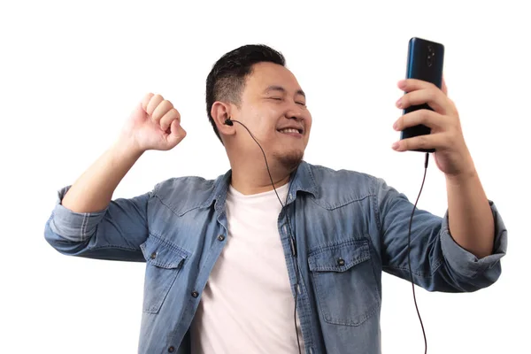 Happy Funny Young Asian Man Dancing While Listening Music His — Stock Photo, Image