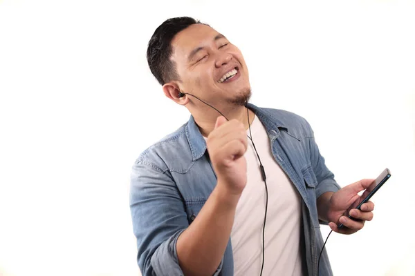 Happy Funny Young Asian Man Dancing While Listening Music His — Stock Photo, Image