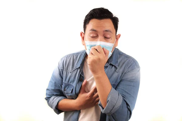 Asian Man Wearing Medical Mask Coughing Hard Covid Coronavirus Patient — Stock Photo, Image