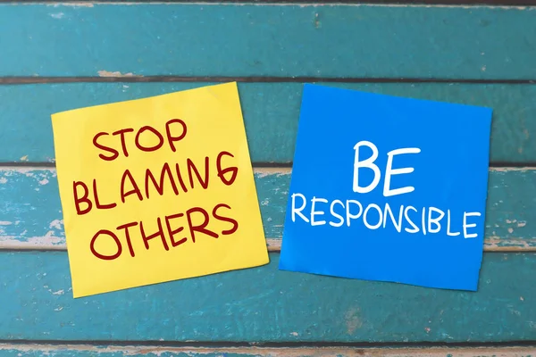 Stop Blaming Others Responsible Text Words Typography Written Paper Wooden — Stock Photo, Image