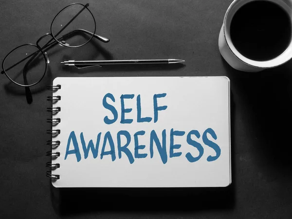 Self Awareness Text Words Typography Written Book Dark Background Life — Stock Photo, Image