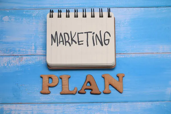 Marketing Plan Tekstwoorden Typografie Geschreven Houten Achtergrond Leven Zakelijke Motivatie — Stockfoto