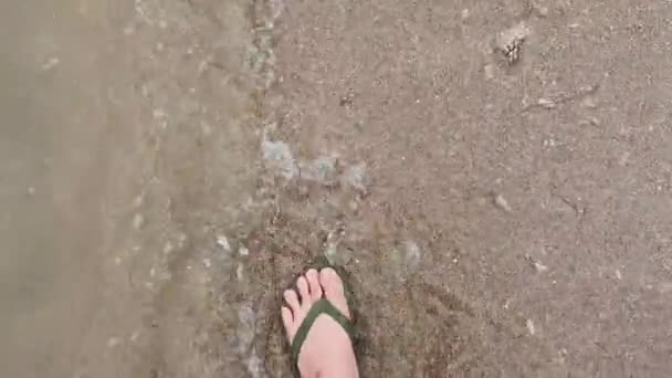 Terlik Giymiş Genç Bir Adamın Ayakları Sahilde Yürüyor Yukarıdan Aşağıya — Stok video
