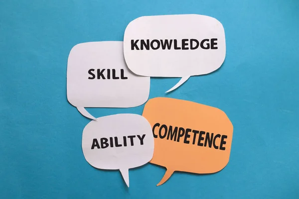 Knowledge skill ability competence, text words typography written on paper against blue background, life and business motivational inspirational concept
