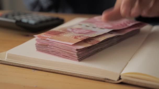 Menutup jumlah perempuan tangan menghitung uang rupiah Indonesia dan membuat catatan, konsep pengelolaan keuangan uang — Stok Video