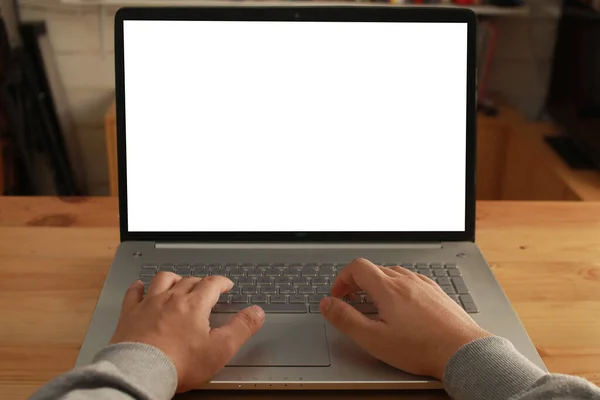 Nahaufnahme Bild Von Laptop Attrappe Computermonitor Mit Weißer Bildschirmvorlage Mann — Stockfoto