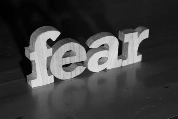 Fear Text Words Typography Written Wooden Letter Black Background Life — Stock Photo, Image