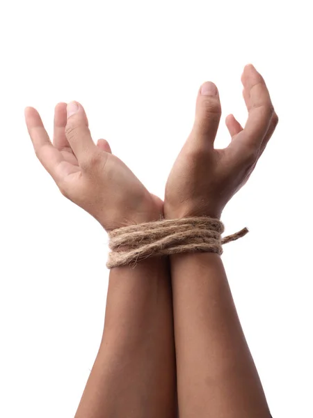Person Hands Tied Rope Isolated White Background Captive Victim Restrained — Stock Photo, Image