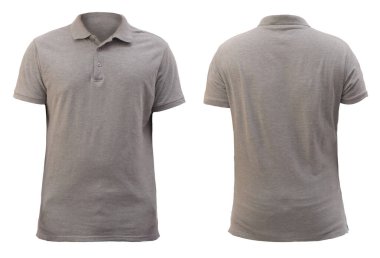 Boş yakalı gömlek şablon, ön ve arka görünüm, beyaz üzerine izole edilmiş sade gri tişört. Baskı için polo tee tasarımı modelleme sunumu