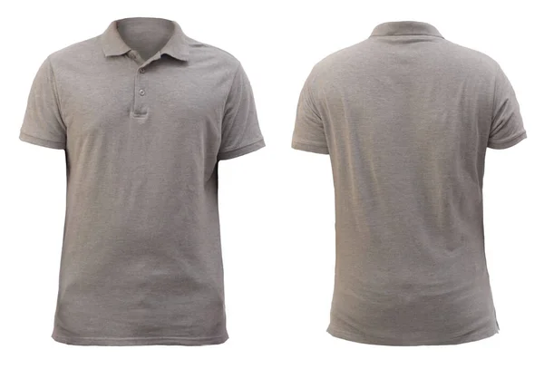 空白领口衬衫造型模板 前后看 浅灰色T恤与白色隔离 Polo Tee Design Modelup Presentation Print — 图库照片