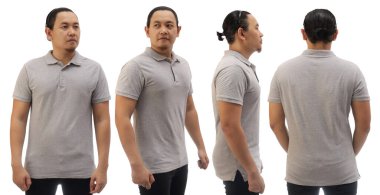 Boş yakalı gömlek şablonu, önden ve arkadan görünüşü, Asyalı erkek manken sade gri tişörtü giyiyor, beyaza izole edilmiş. Baskı için polo tee tasarımı modelleme sunumu