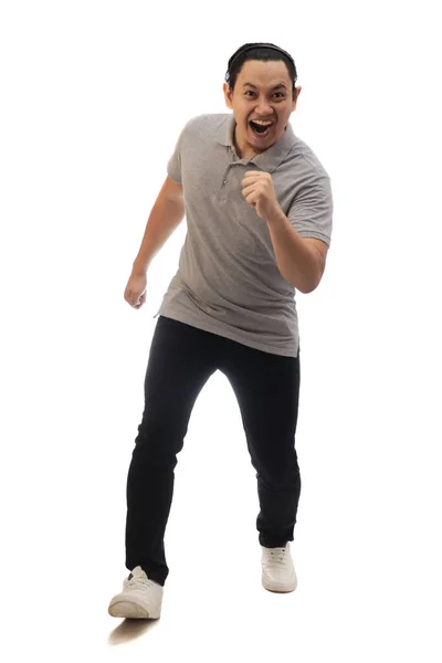 Asian Man Wearing Grey Shirt Black Denim White Shoes Screaming — Stock Photo, Image