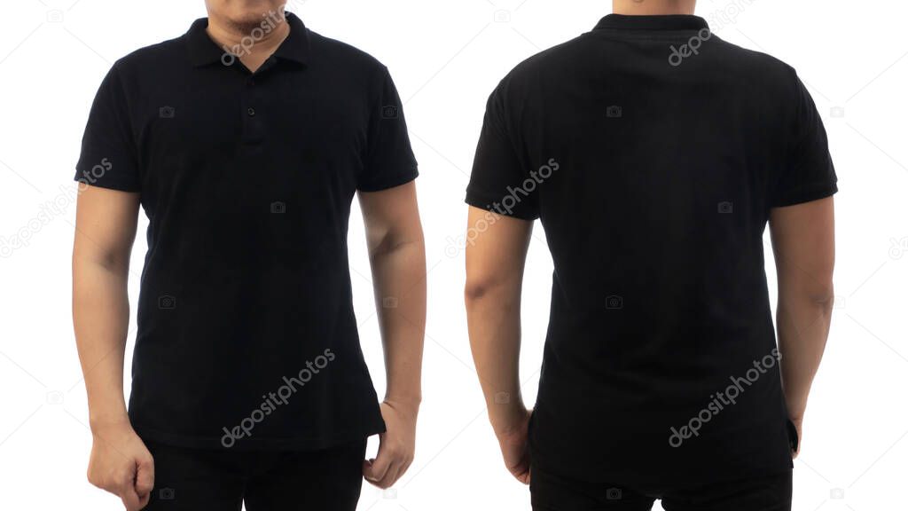 Blank collared shirt mock up template, front and back view, Asian male model wearing plain black t-shirt isolated on white. Polo tee design mockup presentation for print