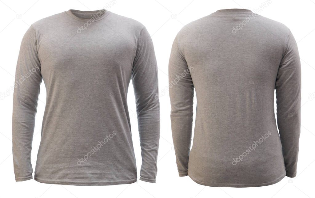 Blank long sleeved shirt mock up template, front and back view, plain grey t-shirt isolated on white.Tee design mockup presentation for print