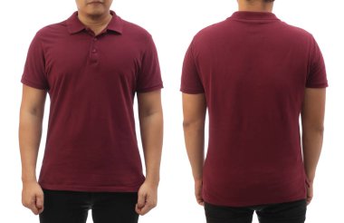 Boş yakalı gömlek şablonu, önden ve arkadan görünüşü, Asyalı erkek manken bembeyaz kestane rengi tişört giyiyor. Baskı için polo tee tasarımı modelleme sunumu