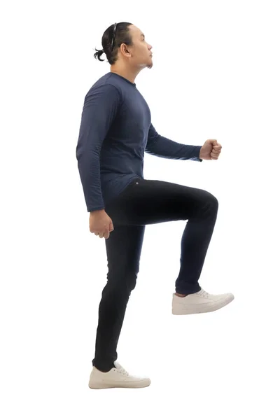 Man Wearing Casual Blue Shirt Black Denim White Shoes Looking — 图库照片
