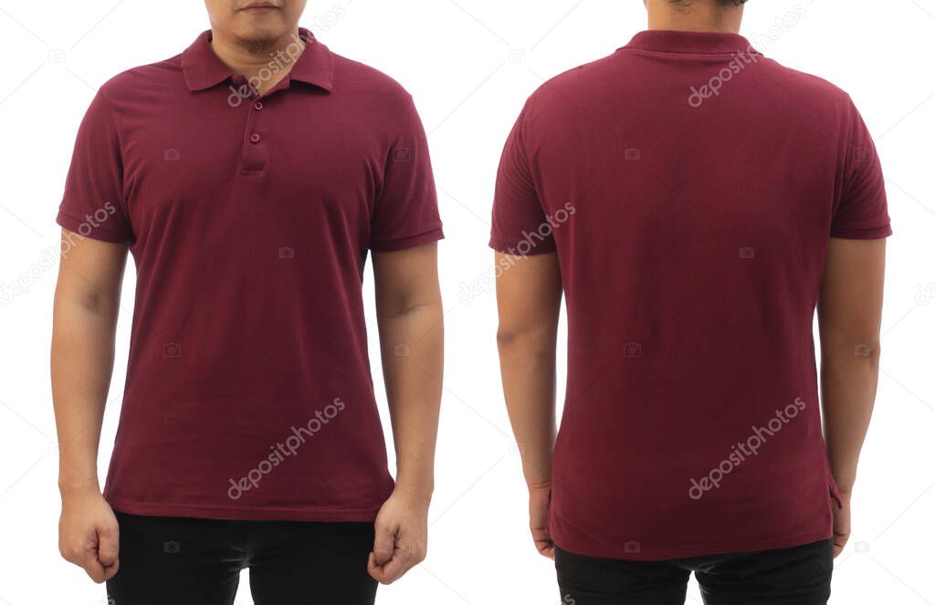 Blank collared shirt mock up template, front and back view, Asian male model wearing plain maroon red t-shirt isolated on white. Polo tee design mockup presentation for print