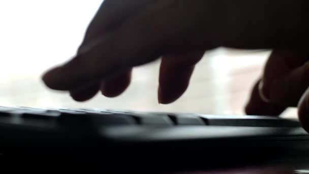 在笔记本电脑键盘上关闭人手打字 作者在个人电脑上写作 商人程序员工作理念 — 图库视频影像