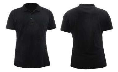 Boş yakalı gömlek şablon, ön ve arka görünüm, beyaz üzerine izole edilmiş sade siyah tişört. Baskı için polo tee tasarımı modelleme sunumu