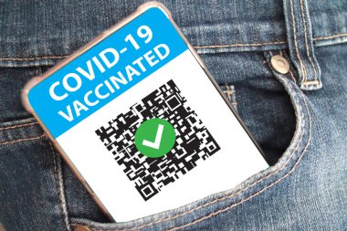 Sağlık sertifikası, dijital pasaport covid-19 coronavirus covid aşı sertifikası telefon ekranında, Herd bağışıklığı küresel virüs salgınına karşı