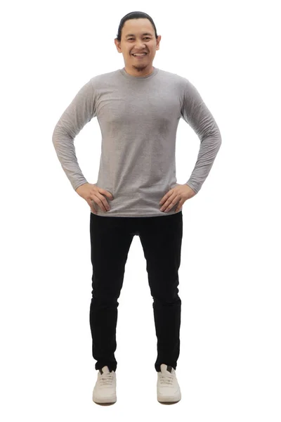 Asijský Muž Šedé Košili Černé Džíny Bílé Boty Stojí Rukama — Stock fotografie
