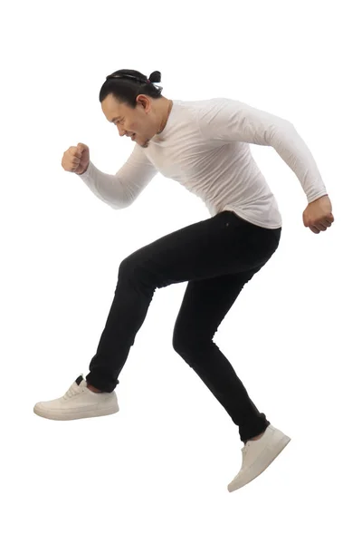 Hombre Asiático Con Camisa Gris Denim Negro Zapatos Blancos Salto —  Fotos de Stock