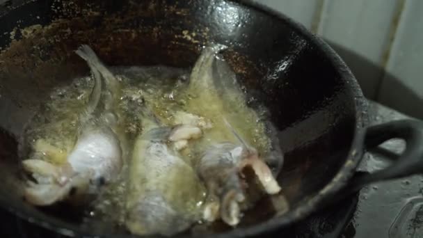 Close Peixe Frito Gato Panela Óleo Quente Preparação Alimentos — Vídeo de Stock