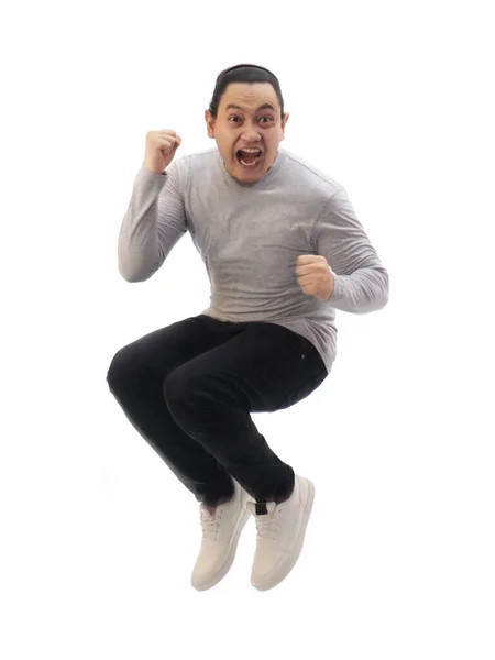 Hombre Asiático Con Camisa Gris Denim Negro Zapatos Blancos Saltar — Foto de Stock