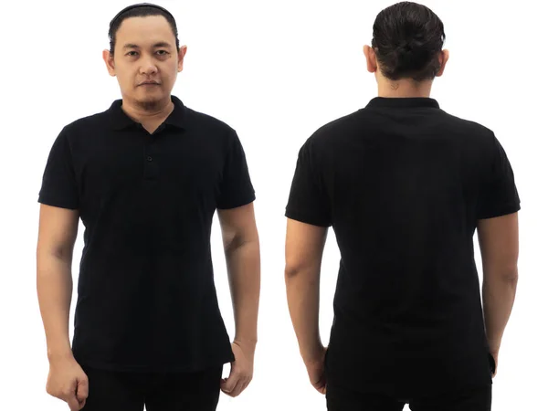 空の色のシャツのモックアップテンプレート フロントとバックビュー アジアの男性モデル白に隔離されたプレーン黒のTシャツを着て 印刷のためのポロティーデザインモックアッププレゼンテーション — ストック写真