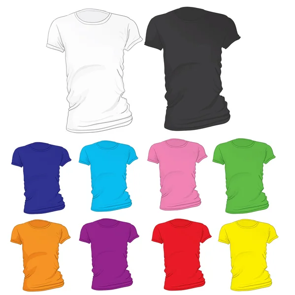 Plantilla de camiseta en blanco para mujer en muchos colores — Vector de stock