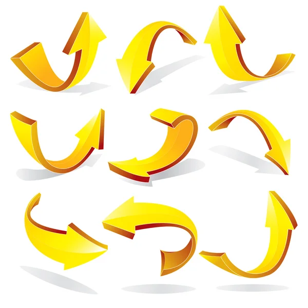 Gelbe gebogene 3D-Pfeile — Stockvektor