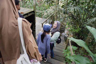 Asyalı Müslüman anne çocuklarıyla birlikte sabahın köründe yemyeşil bir parkta yürüyor. Mutlu bir aile açık hava aktivitesi yapıyor.