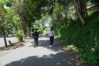 Güneşli bir günde ağaçlarla dolu yeşil bir park yolunda sabah egzersizi için birlikte yürüyen tesettür giyen iki genç Müslüman kadın. Aktif yaşam tarzı, arkadaşlık ve doğal ışık ile sağlıklı yaşam konsepti