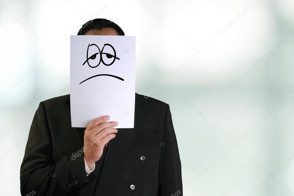 Businessman Wearing Sad Face Mask