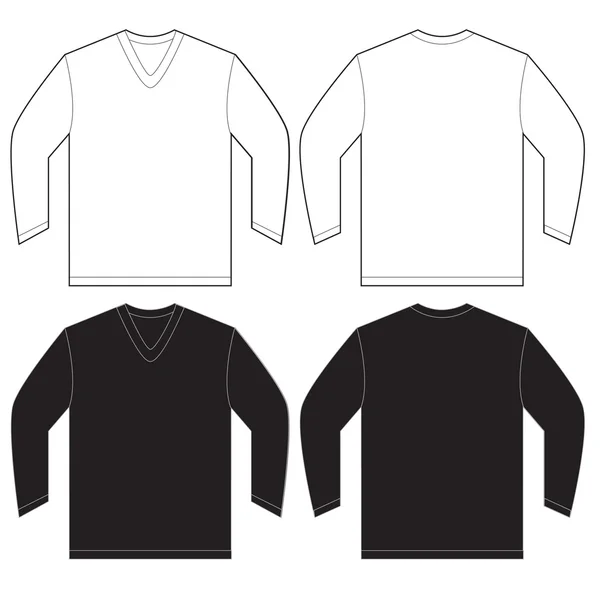 Plantilla de camisa negra blanca de manga larga con cuello en V — Vector de stock