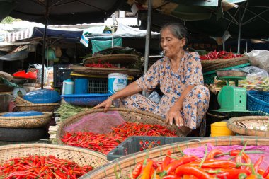 HANOI-Vietnam-14 Ağustos 2019, Güneydoğu Asya 'daki hareketli bir markette geleneksel sepetlerde canlı kırmızı ve turuncu biberler satan yaşlı bir kadın görülüyor..