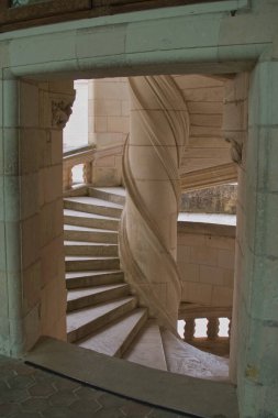 Oda - Normandiya - Fransa - 16 Temmuz 2025, eski bir taş sarmal merdiven manzarası, süslü merkezi bir sarmal sütun. Tarihi Rönesans mimari detayı, dikey kompozisyon.