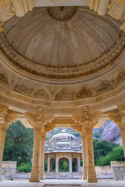 View of the carved dome at Royal cenotaphs in Jaipur, Rajasthan,